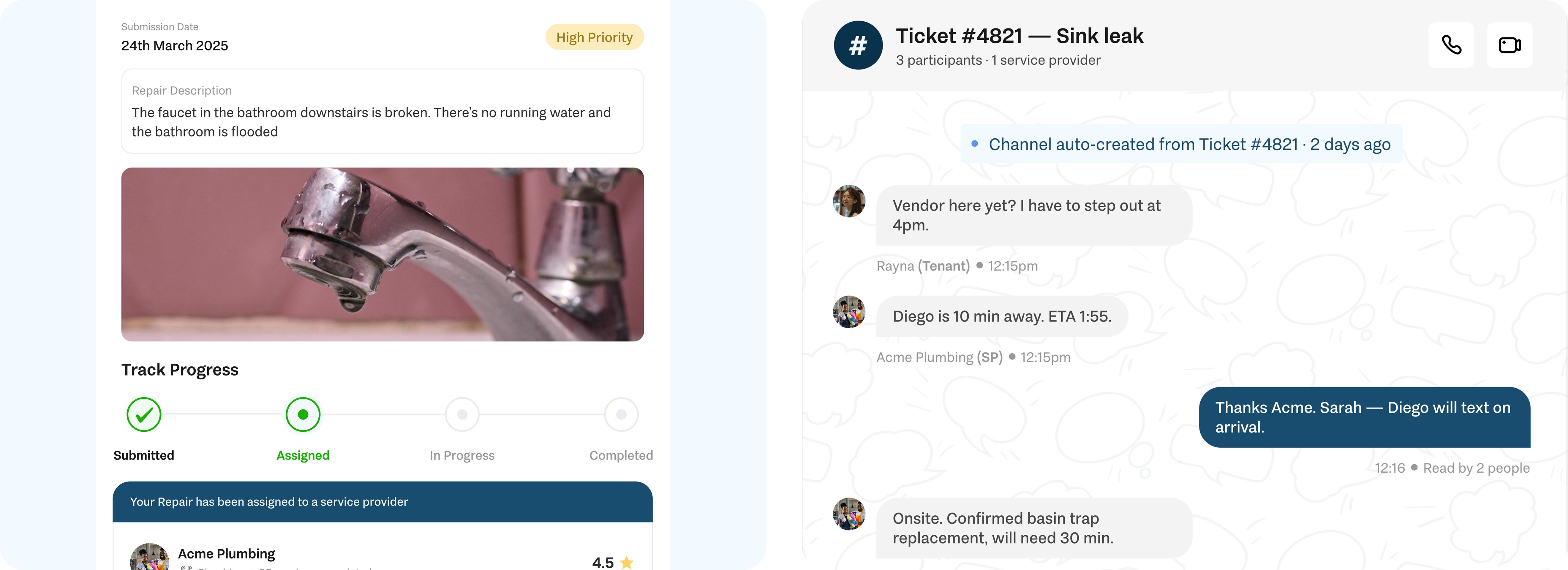 Maintenance request intake — tenant and landlord views